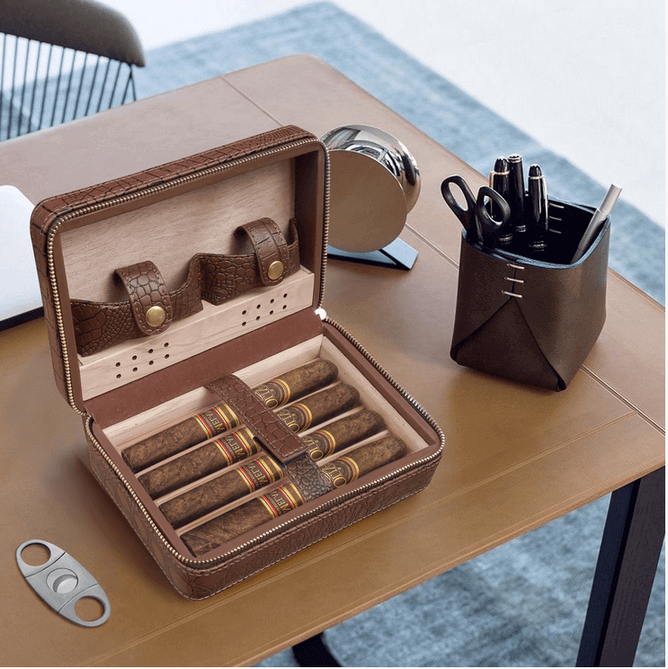 Premium Leather Travel Humidor & Accessories Tote • The