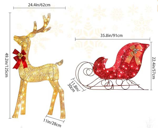 Lighted Christmas Golden Reindeer & Red Sleigh Set, Outdoor Decor Xmas Deer Set w/ LED Lights