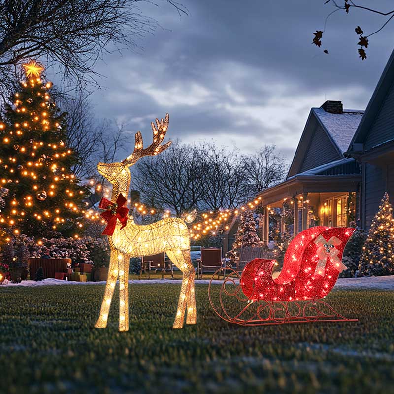 Lighted Christmas Golden Reindeer & Red Sleigh Set, Outdoor Decor Xmas Deer Set w/ LED Lights