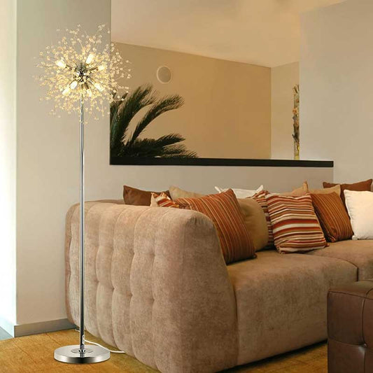 Crystal Floor Lamp for Bedroom, Standing Lamp for Living Room, 32 Firework Crystal Harnesses, Chrome Finish