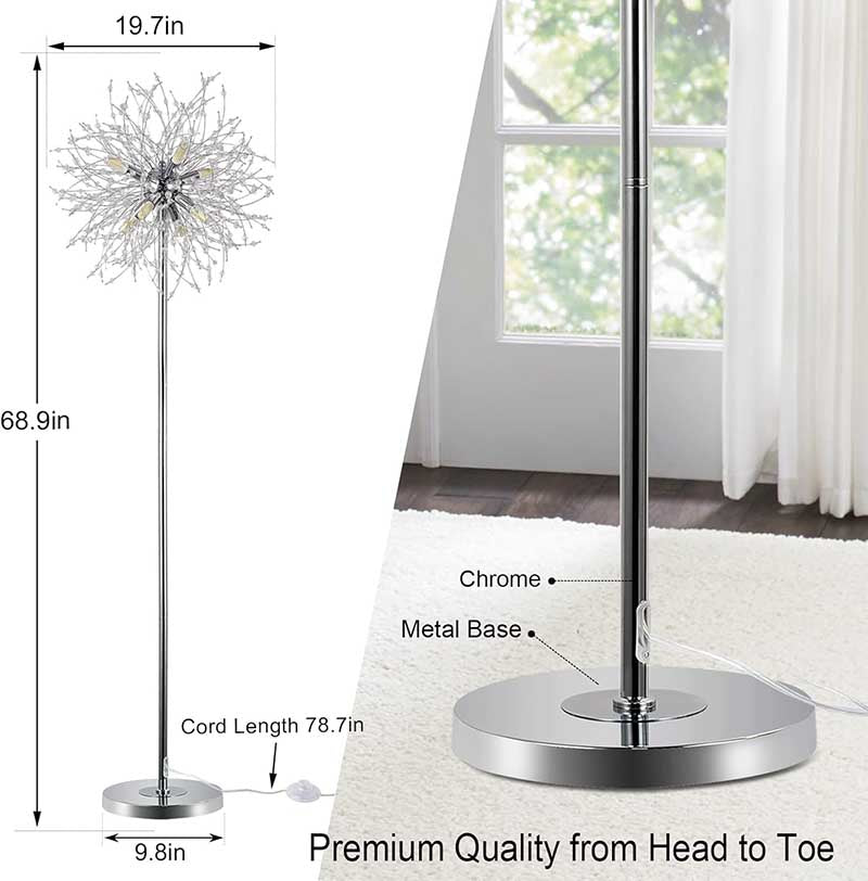 Crystal Floor Lamp for Bedroom, Standing Lamp for Living Room, 32 Firework Crystal Harnesses, Chrome Finish