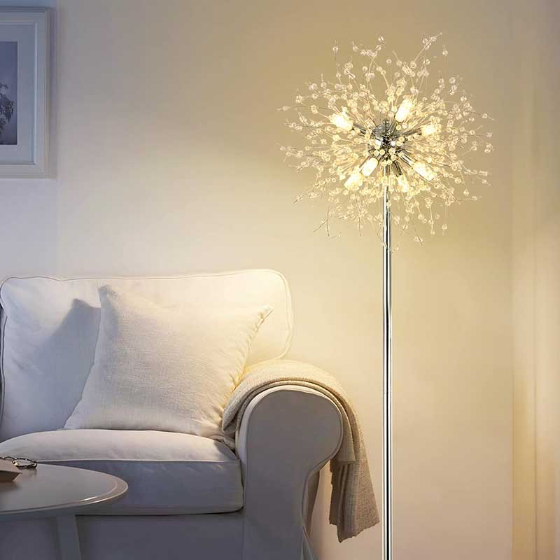 Crystal Floor Lamp for Bedroom, Standing Lamp for Living Room, 32 Firework Crystal Harnesses, Chrome Finish