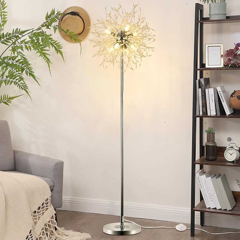 Crystal Floor Lamp for Bedroom, Standing Lamp for Living Room, 32 Firework Crystal Harnesses, Chrome Finish