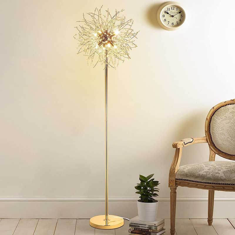 Crystal Floor Lamp for Bedroom, Standing Lamp for Living Room, 32 Firework Crystal Harnesses, Chrome Finish