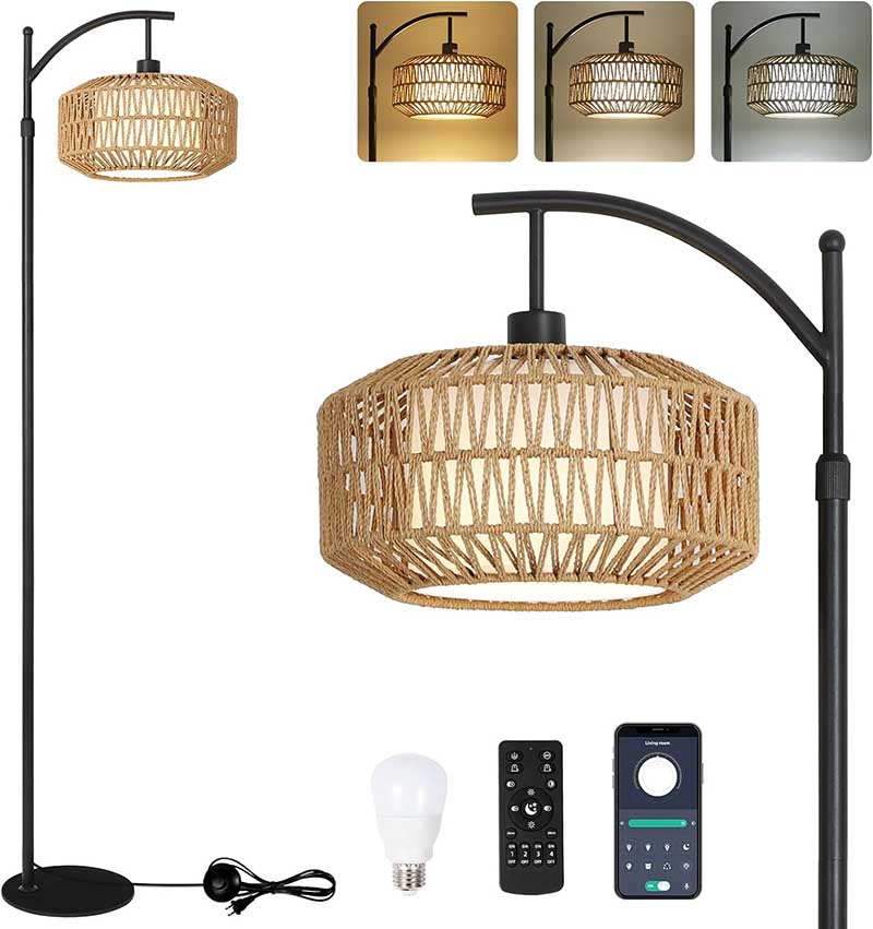 Rattan Floor Lamps with Remote & LED Bulb, Standing Lamp with Double Shades for Living Room Bedroom Office