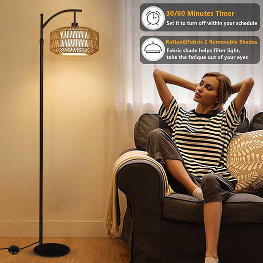 Rattan Floor Lamps with Remote & LED Bulb, Standing Lamp with Double Shades for Living Room Bedroom Office