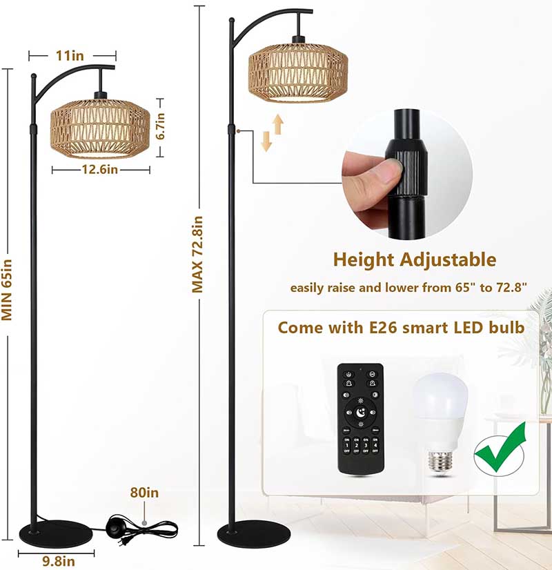 Rattan Floor Lamps with Remote & LED Bulb, Standing Lamp with Double Shades for Living Room Bedroom Office