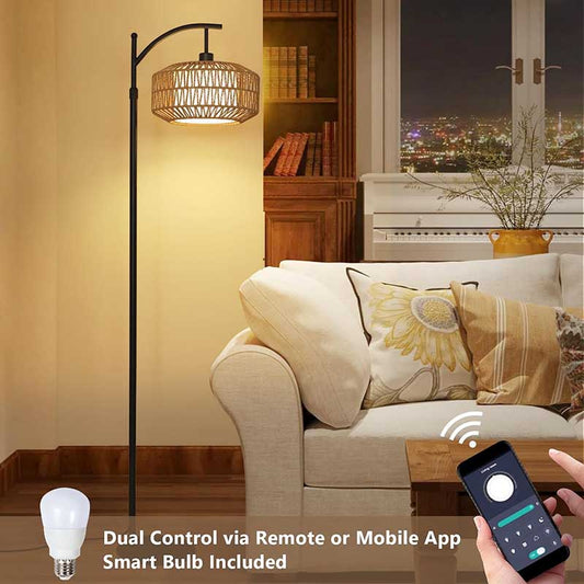 Rattan Floor Lamps with Remote & LED Bulb, Standing Lamp with Double Shades for Living Room Bedroom Office