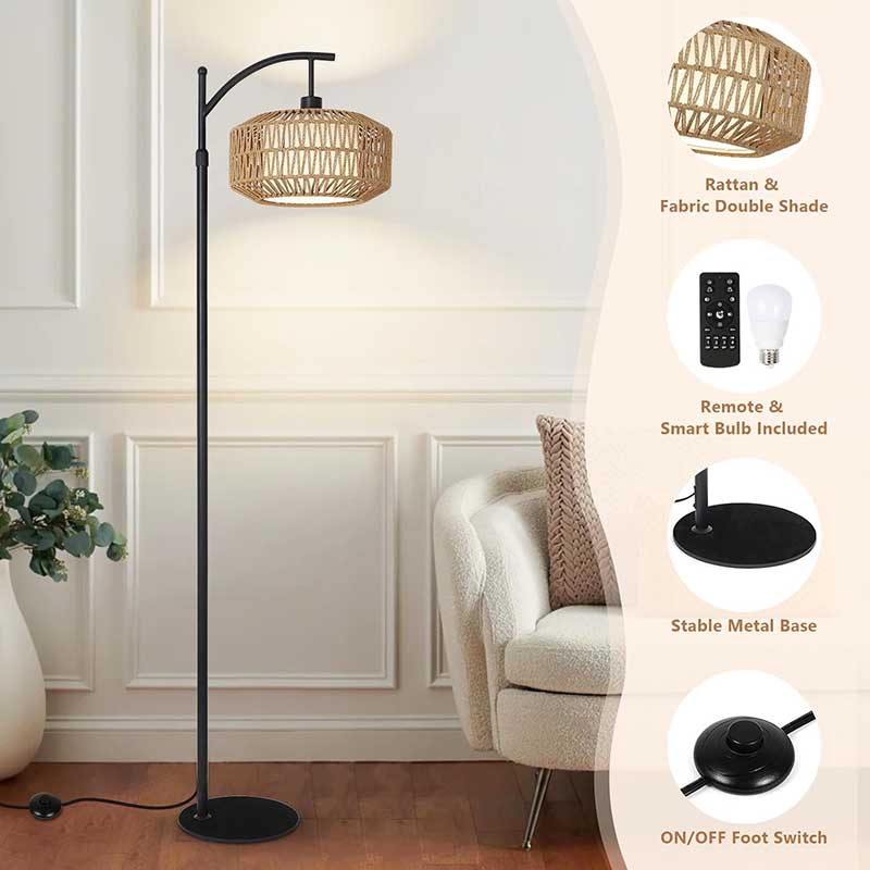 Rattan Floor Lamps with Remote & LED Bulb, Standing Lamp with Double Shades for Living Room Bedroom Office