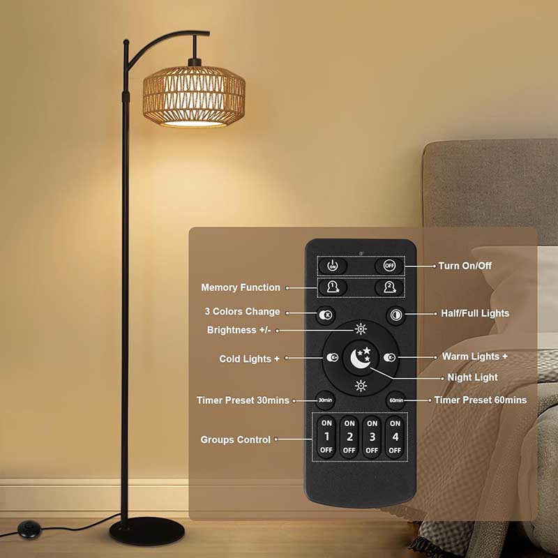 Rattan Floor Lamps with Remote & LED Bulb, Standing Lamp with Double Shades for Living Room Bedroom Office