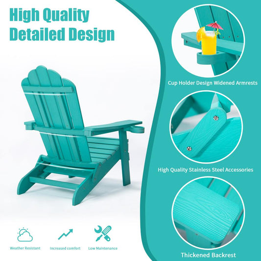 Folding Adirondack Chair with Cup Holder / Weather Resistant Patio Chair with Retractable Footrest for Porch, Pool, Deck, Backyard, Garden, Green