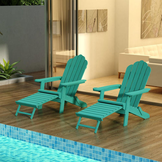 Folding Adirondack Chair with Cup Holder / Weather Resistant Patio Chair with Retractable Footrest for Porch, Pool, Deck, Backyard, Garden, Green