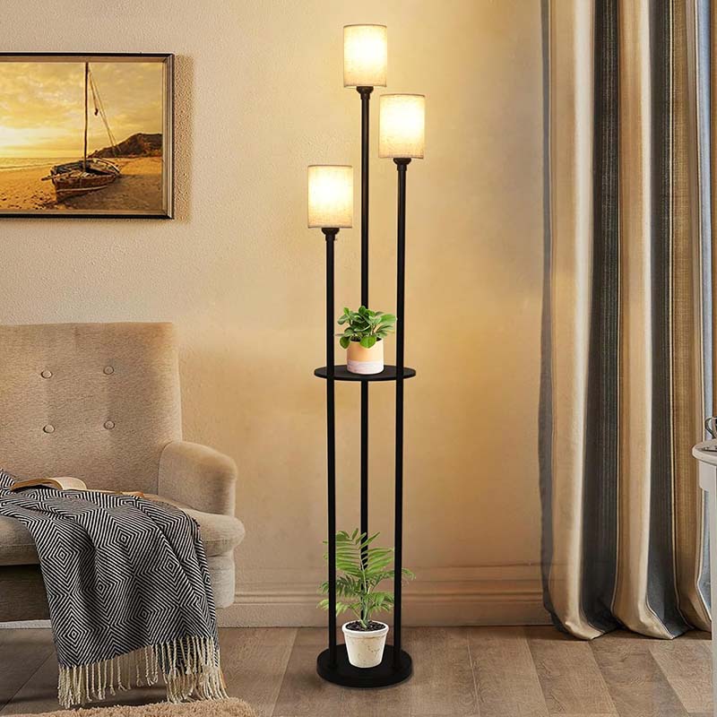 Floor Lamp with Shelves, Black Tall Table Lamp with Linen Shade and Foot Switch for Living Room, Bedroom, Office