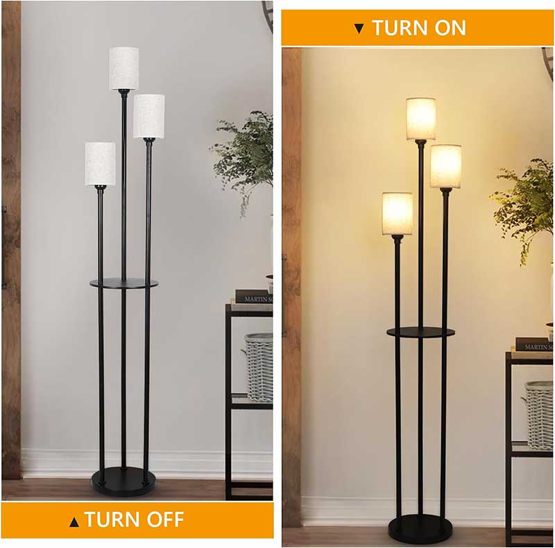 Floor Lamp with Shelves, Black Tall Table Lamp with Linen Shade and Foot Switch for Living Room, Bedroom, Office