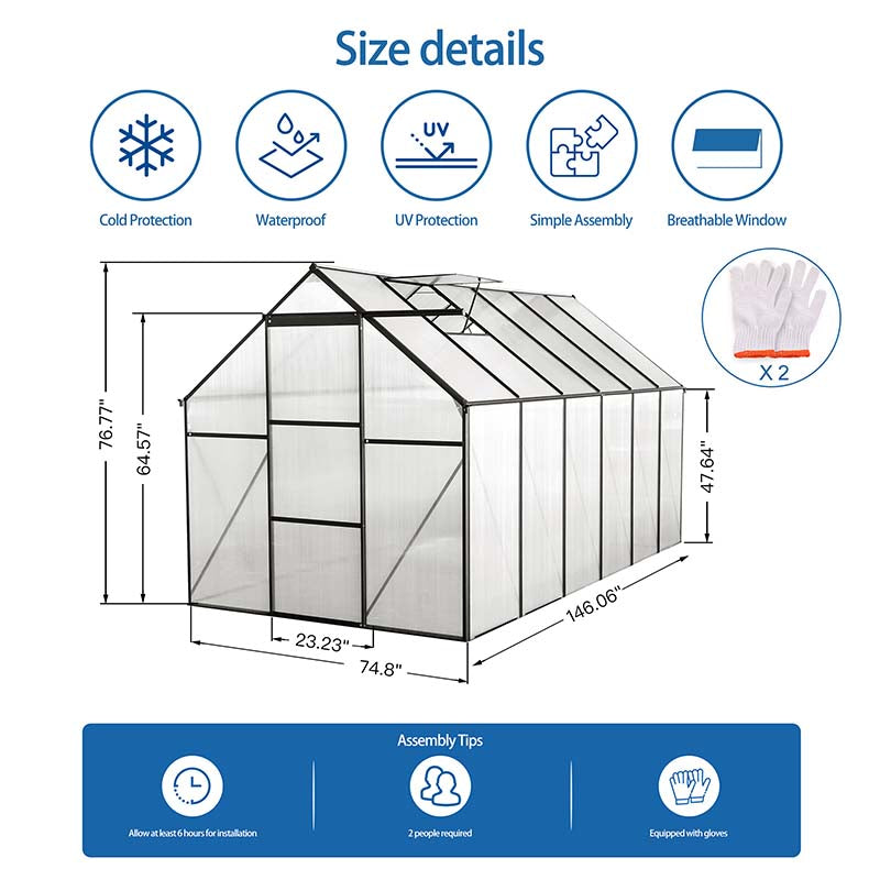 Aluminum Polycarbonate Greenhouse, Walk-in Garden Greenhouse Kit with Adjustable Roof Vent, Sliding Door, Drainage System