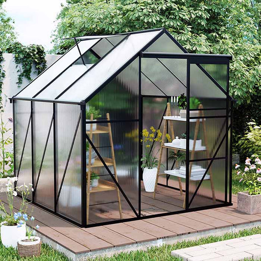 Aluminum Polycarbonate Greenhouse, Walk-in Garden Greenhouse Kit with Adjustable Roof Vent, Sliding Door, Drainage System