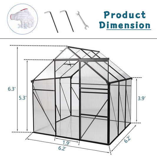 Aluminum Polycarbonate Greenhouse, Walk-in Garden Greenhouse Kit with Adjustable Roof Vent, Sliding Door, Drainage System