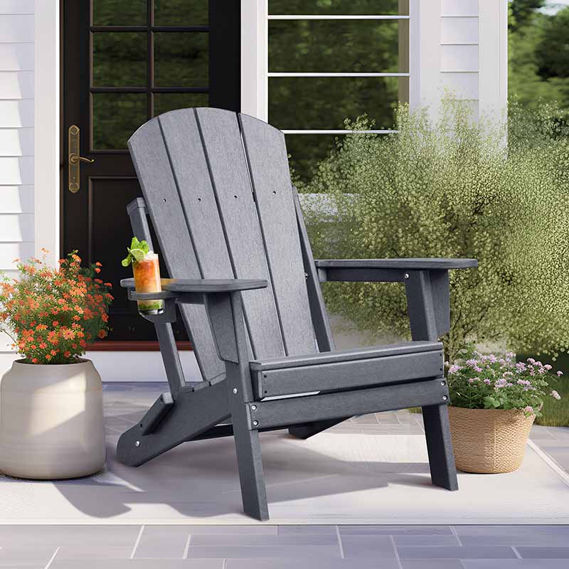 Folding Adirondack Chair, Patio Fire Pit Chairs, Outdoor Weather Resistant Chair Lounger with Cup Holder for Deck, Backyard, Garden