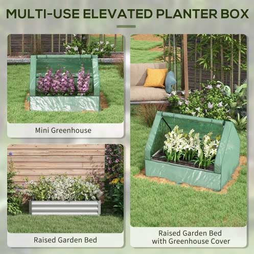 Garden Raised Bed with Mini Greenhouse, Galvanized Outdoor Planter Box with Cover for Growing Herbs Flowers and Vegetables