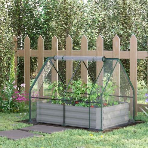 Galvanized Raised Garden Bed with Mini PVC Greenhouse Cover, Outdoor Metal Planter Box with Roll-Up Window for Growing Flowers, Fruits, Vegetables and Herbs