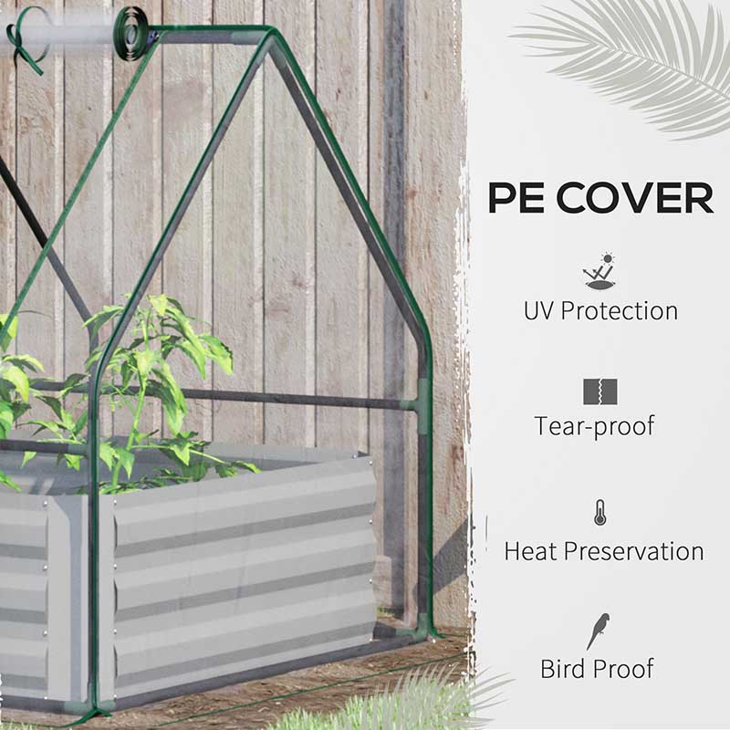 Galvanized Raised Garden Bed with Mini PVC Greenhouse Cover, Outdoor Metal Planter Box with Roll-Up Window for Growing Flowers, Fruits, Vegetables and Herbs