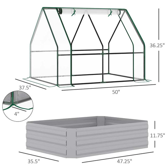 Galvanized Raised Garden Bed with Mini PVC Greenhouse Cover, Outdoor Metal Planter Box with Roll-Up Window for Growing Flowers, Fruits, Vegetables and Herbs