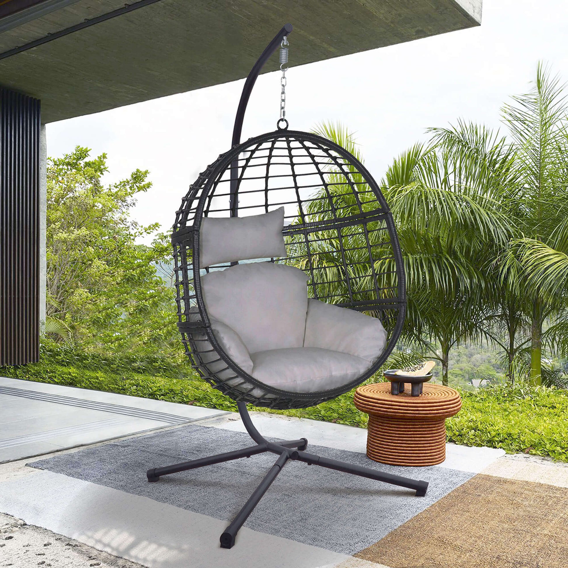 Wicker Hammock Chair, Outdoor Patio Hanging Egg Chairs with Stand, UV  Resistant Hanging Chair with Comfortable Gray Cushion, Durable Indoor Swing